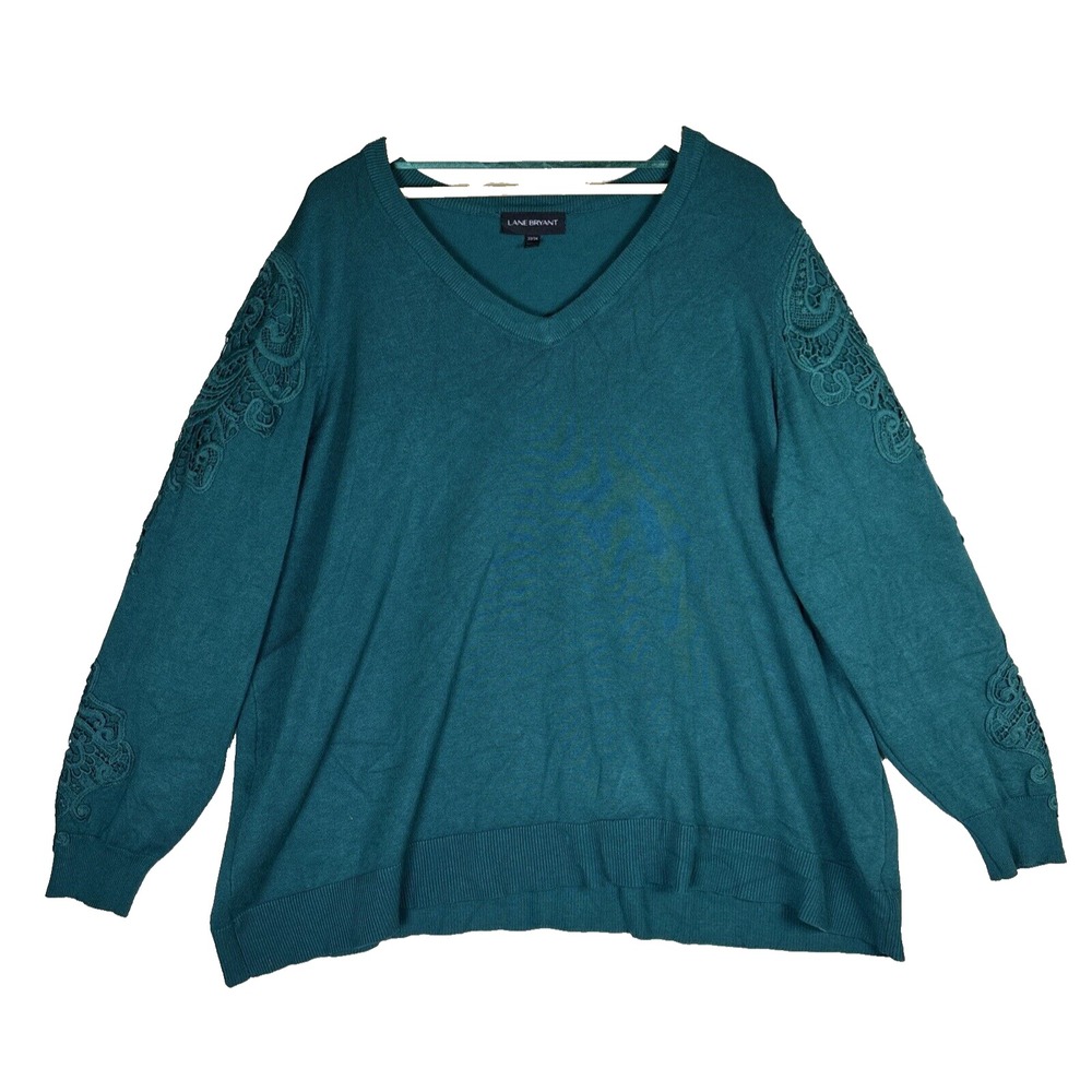 Lane Bryant Sweater Womens Plus 22/24 Emerald Green‎ Embroidered V Neck